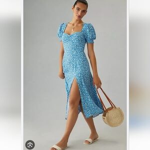 Reformation Lacey Blue and White Floral  Puff Sleeve Midi Dress, Size XS